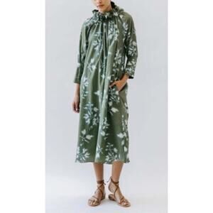 Mirth Vienna High Neck Dress Womens XS Midi In Green Fig Leaf Relaxed Pockets